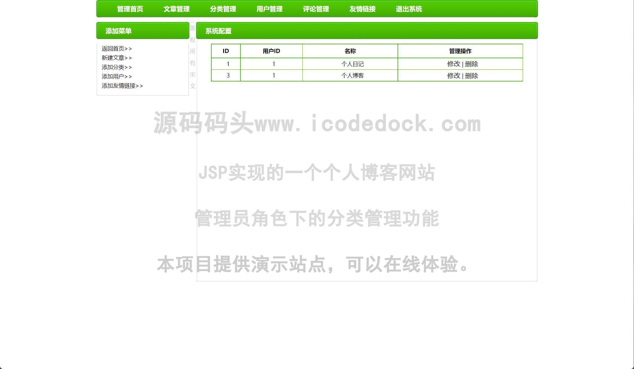源码码头-JSP实现的一个个人博客网站-管理员角色-分类管理