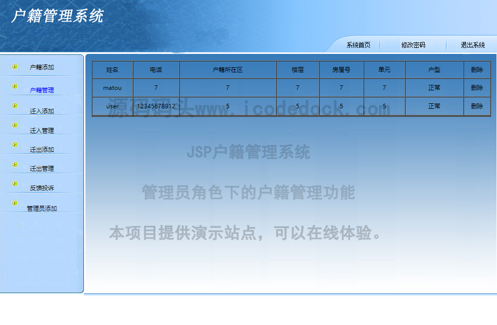 源码码头-JSP户籍管理系统-管理员角色-户籍管理