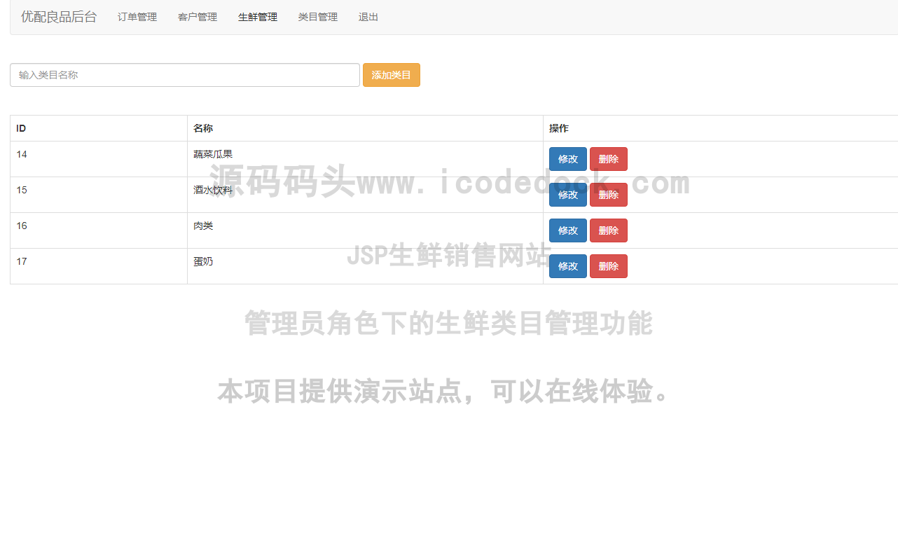 源码码头-JSP生鲜销售网站-管理员角色-生鲜类目管理