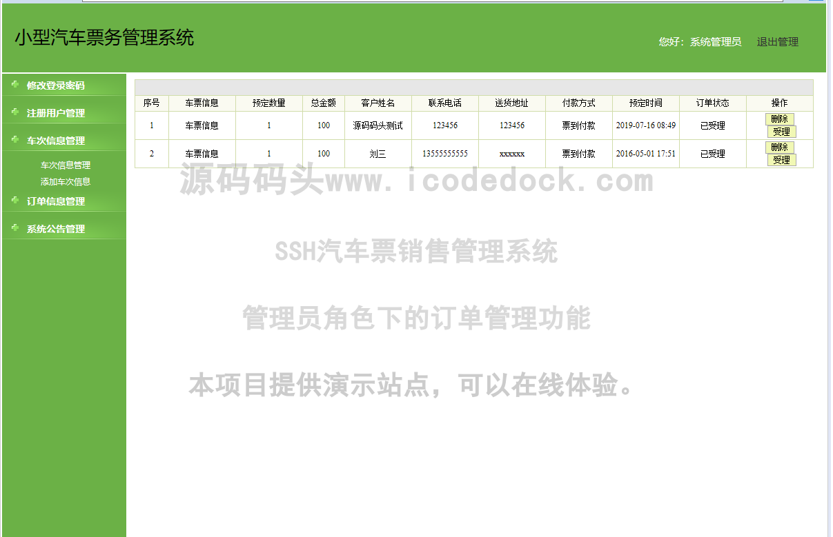 源码码头-SSH汽车票销售管理系统-管理员角色-订单管理