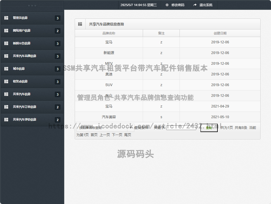 管理员角色-共享汽车品牌信息查询