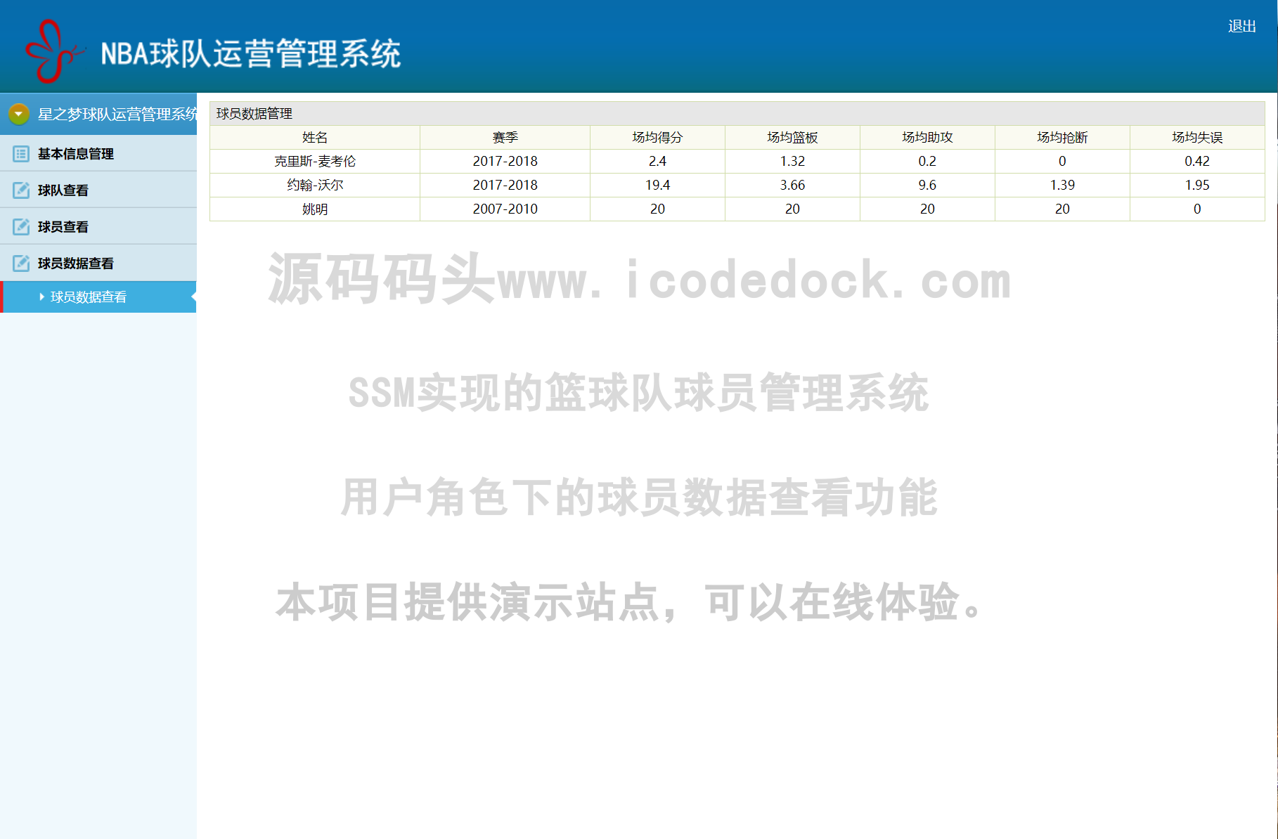 源码码头-SSM实现的篮球队球员管理系统-用户角色-球员数据查看