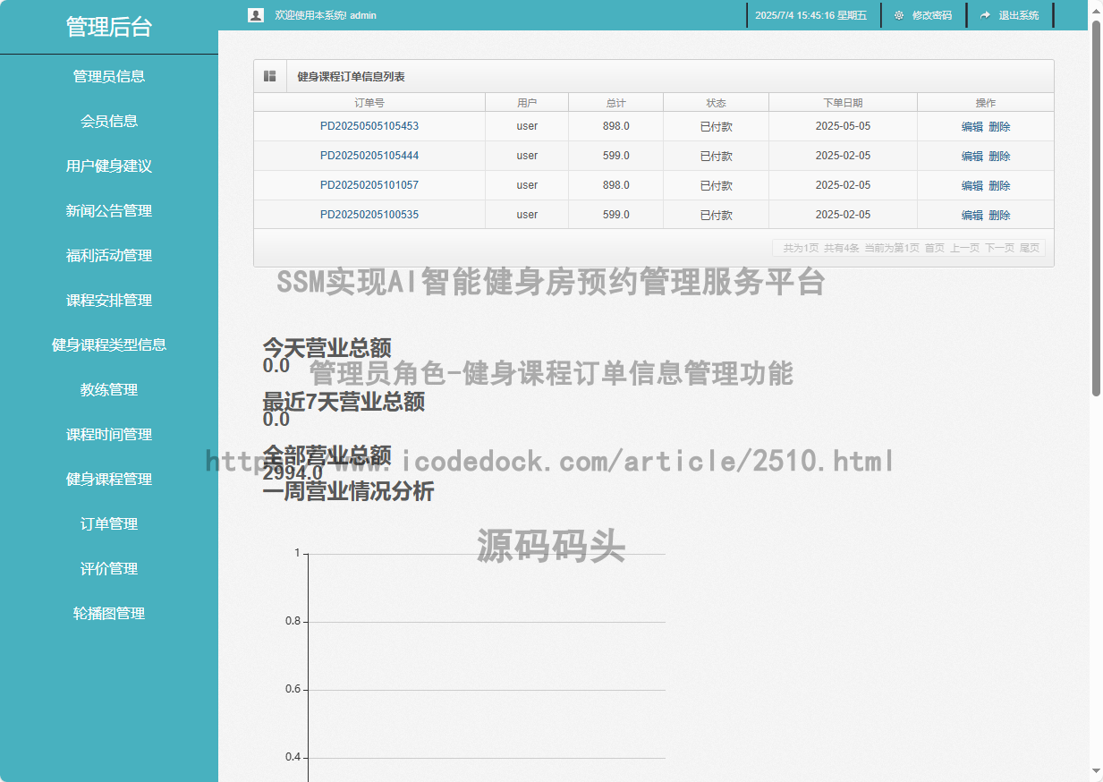 管理员角色-健身课程订单信息管理