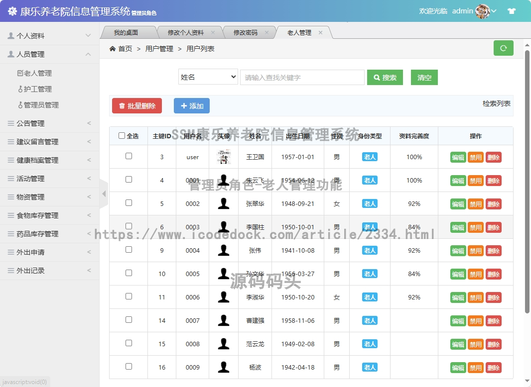 管理员角色-老人管理