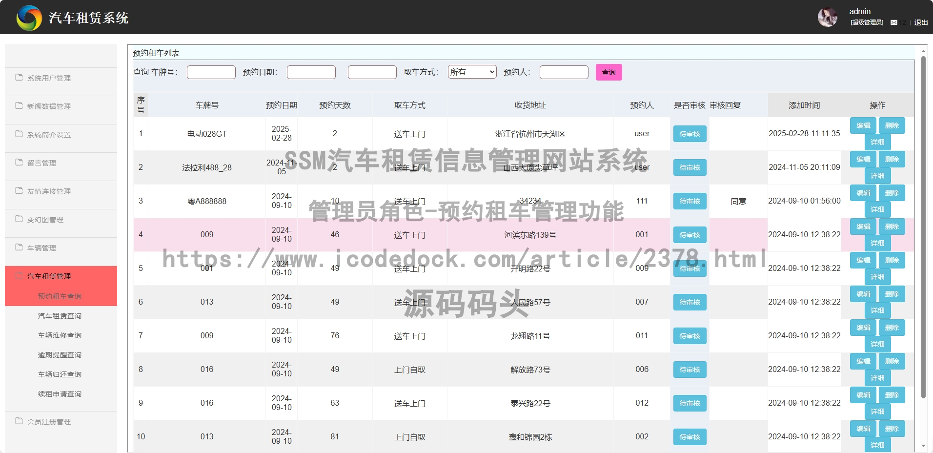管理员角色-预约租车管理