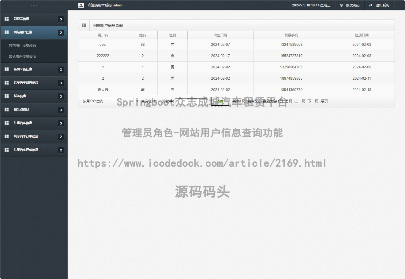 管理员角色-网站用户信息查询