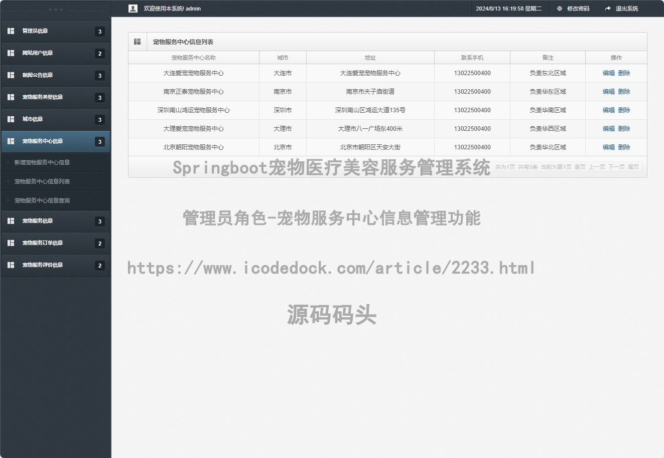 管理员角色-宠物服务中心信息管理