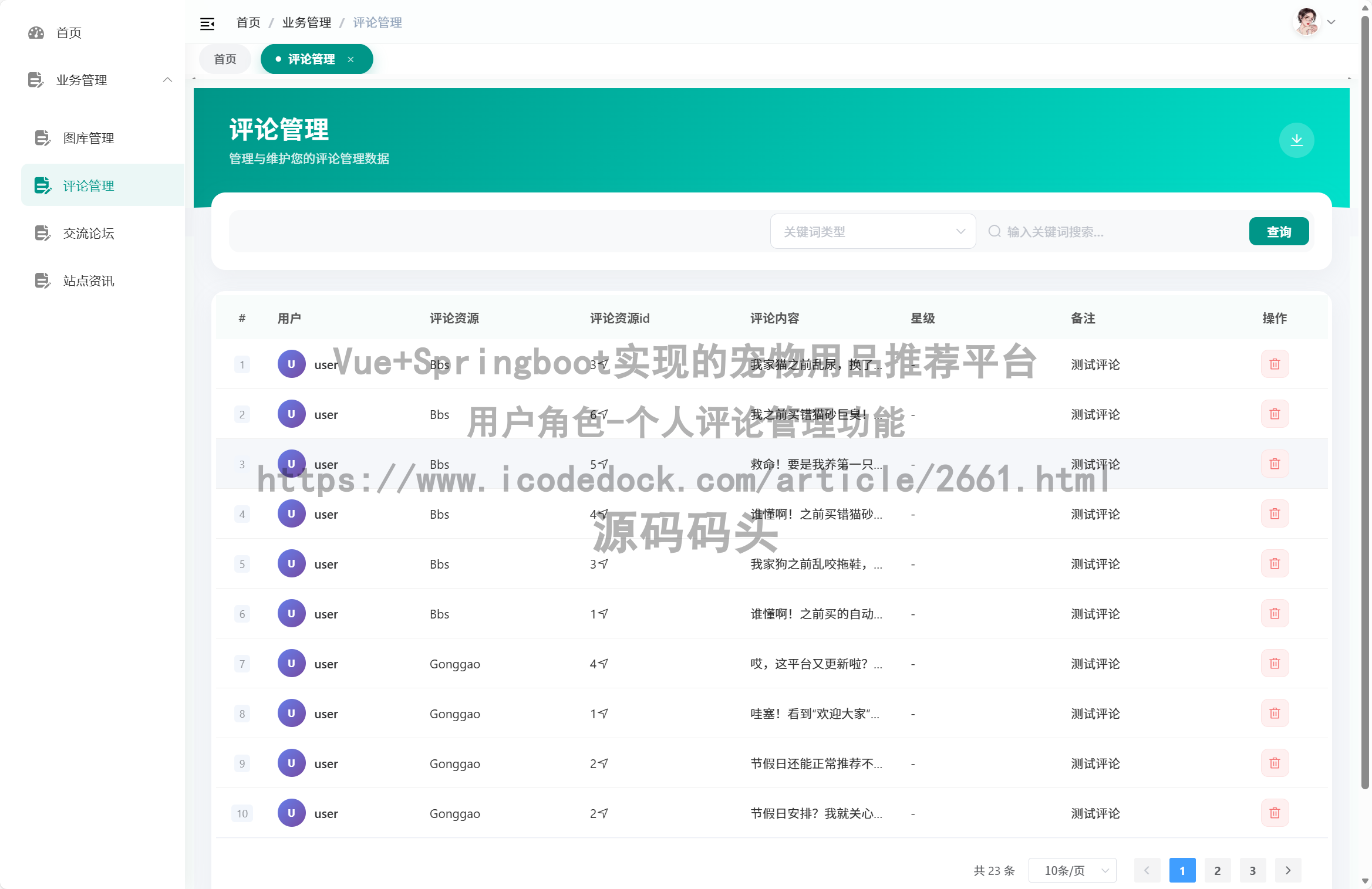 用户角色-个人评论管理